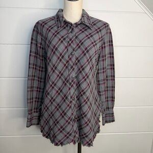 CABI Highland Flannel Button Down Shirt Gray Purple Medium Raw Frayed Hem